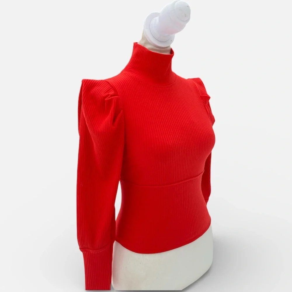 Free People Lala Cropped Ribbed Turtleneck Top in Red Size Small